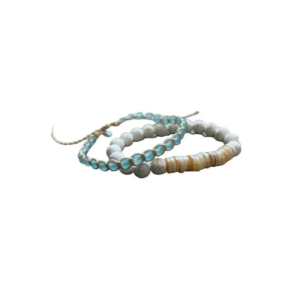 Natural Stone Glass Beach Beaded Stretch Macrame Set 2 Bracelets Crystal Shell - Picture 6 of 6
